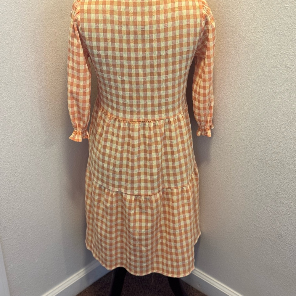 Nanette Lepore Orange Gingham Dress Puff Sleeve A Line Tiered Size 6 - Picture 4 of 9